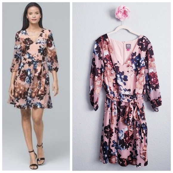 Vince Camuto Pink Floral Applique Long Sheer Sleeve Mini Wrap Dress - Picture 1 of 11